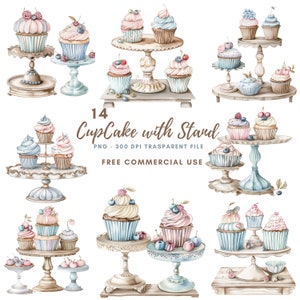 Cupcake with Stand Clipart,Bundle 14 High Quality PNG,Watercolor CapCake,Printable Sticker,Digital Download,Card Making,Digital Paper|453
