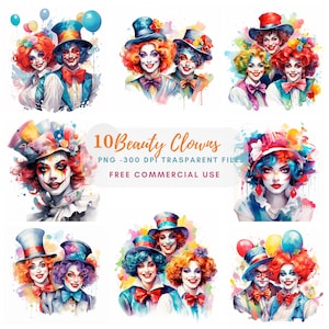 Payasos Clipart PNG, Paquete 10 de alta calidad, Mujer de circo de acuarela, Descarga digital, Fabricación de tarjetas, Artesanía de papel digital, Pegatinas imprimibles / 214