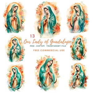 Nostra Signora di Guadalupe Clipart PNG,15 Alta qualità,Acquerello Vergine Maria Download digitale,Creazione di cartoline, Tecnica mista, Mestiere di carta digitale/ 373