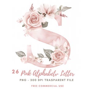 Paquete de 26 imágenes prediseñadas de letras del alfabeto floral de alta calidad PNG, letras de acuarela rosa, pegatinas imprimibles Goodnotes, descarga digital/ 663