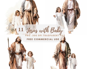 May include: A digital illustration of Jesus walking with a child. The image is in a watercolor style with soft colors and a white background. The image is free for commercial use.