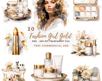 May include: A set of 20 gold-toned cosmetic and beauty products, including lipstick, eyeshadow palettes, bottles, and jars. The products are arranged on a white background with floral accents. The text "20 Fashion Girl Gold PNG - 300 DPI Transparent File FREE COMMERCIAL USE" is displayed in the center of the image.