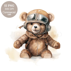 Teddy Bear Aviator Clipart PNG Bundle 15 de alta qualidade, chá de bebê de ursinho de pelúcia marrom, adesivos para impressão, confecção de cartões, artesanato em papel digital |