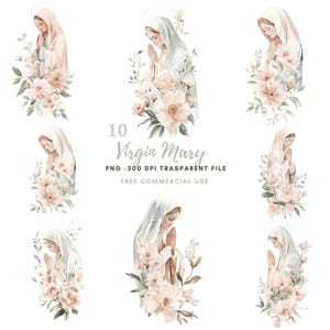 Pacchetto di 11 clipart di Vergine Maria e fiori PNG di alta qualità/Acquerello neutro Santa Maria/Adesivi stampabili Goodnotes/Download digitale/772