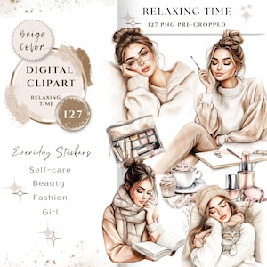 Acquerello Relaxing Time Donna Clipart PNG,Bundle 127 Alta Qualità/Beige Bella Ragazza,Adesivi Stampabili Goodnotes, Download Digitale /657