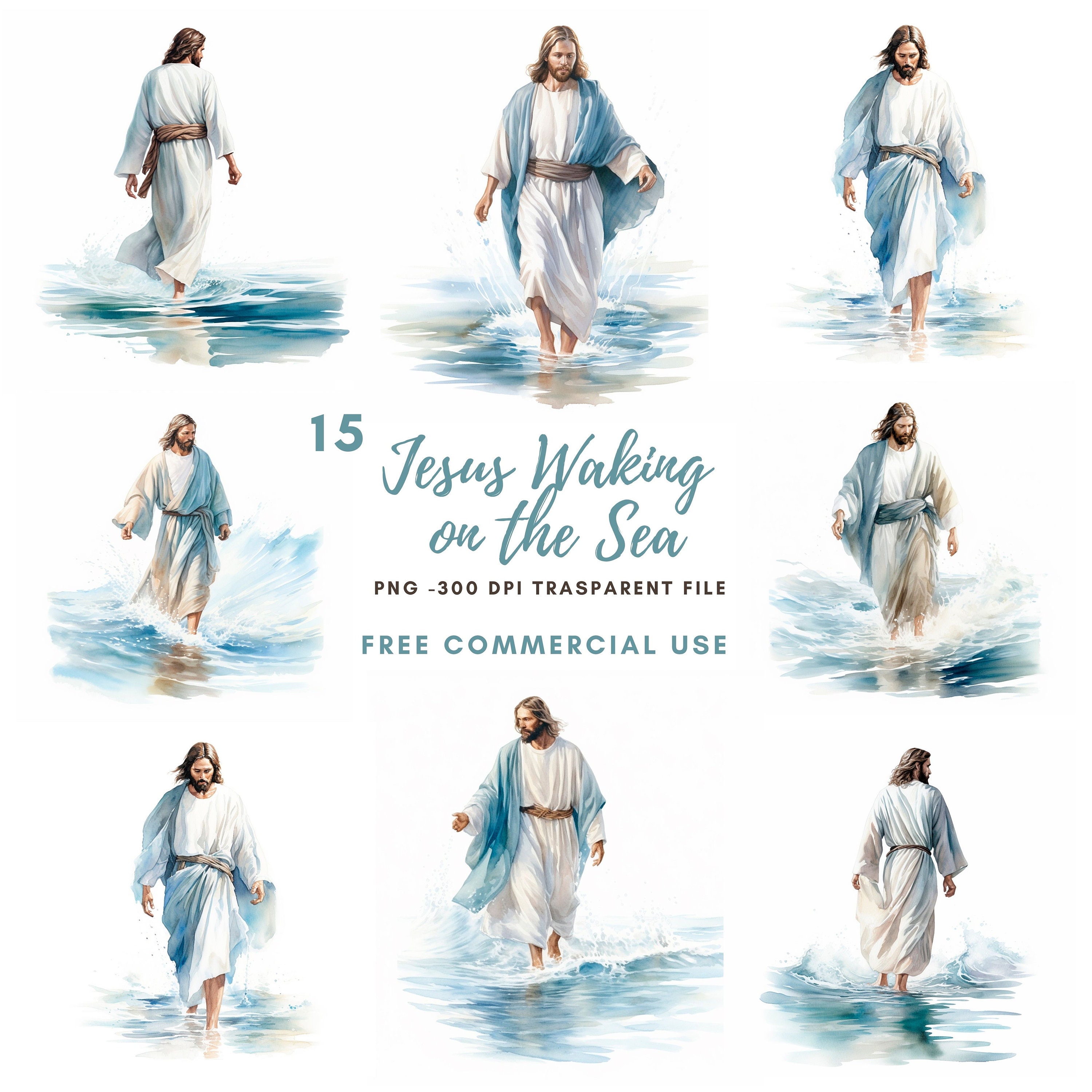 Jesus Christ Clipart Bundle 15 High Quality Png,watercolor Jesus on Sea ...