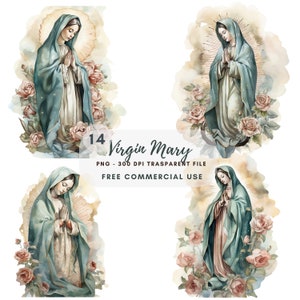 Clipart Nostra Signora Guadalupe, Bundle 14 PNG di alta qualità, Vergine Maria dell'acquerello, Download digitale, Creazione di cartoline, Supporti misti, Carta digitale/370
