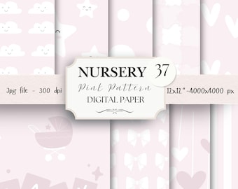 Pink Cute Baby Digital Paper Pack- 37 Nursery Scrapbook Junk Journal Papers -Seamless Patterns -Digital Background-Watercolor Paper Set |711