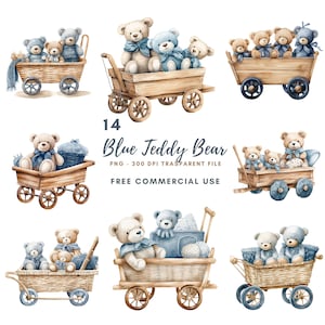 Clipart chambre d'enfant bleu ours en peluche PNG 14 de haute qualité, aquarelle ours en peluche c'est un garçon, baby shower, téléchargement numérique, créations numériques en papier | 475