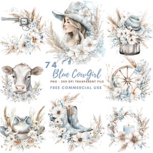 Aquarel cowgirl blauwe clipart, png, bundel 74 van hoge kwaliteit, vrouw blauwe western afdrukbare stickers Goodnotes| Digitale download| 734