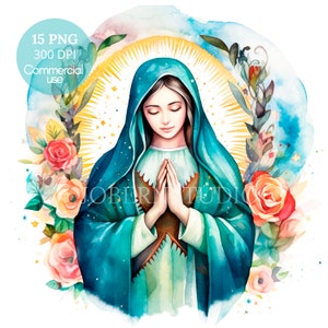 Nostra Signora di Guadalupe, Acquerello Clipart PNG,15 JPG di alta qualità,Download digitale,Creazione di cartoline, Supporti misti, Mestiere con carta digitale/ 10