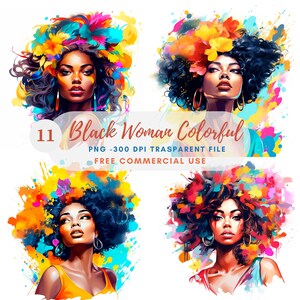 Black Woman Clipart PNG, Bundle 11 alta qualità, Bundle acquerello, Download digitale, Adesivi stampabili, Creazione di cartoline, Mestiere di carta digitale/ 250