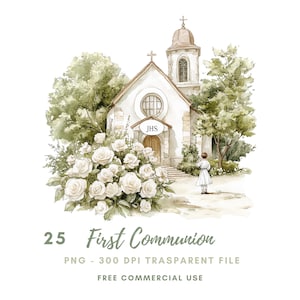 First Communion Clipart Bundle, Watercolor Church, Boy Praying, Printable Stickers Goodnotes (Digital Download) 712