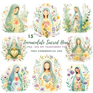 Clipart del Sacro Cuore Immacolato, bundle 15 di alta qualità, acquerello di Santa Maria, download digitale, creazione di cartoline, supporti misti, artigianato in carta digitale/248