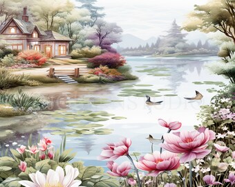Jardin d'eau Clipart JPG, lot de 15 haute qualité, fleurs de jardin paysager, téléchargement numérique, fabrication de cartes, techniques mixtes, créations numériques en papier | 320
