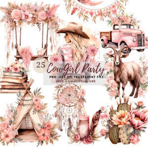 Aquarel Cowgirl Party Clipart PNG, Bundel 25 Hoge kwaliteit JPG, Digitale download, Kaart maken, Digitale papierkunst, Afdrukbare stickers | 72