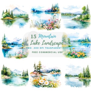 Lake Landscape Clipart PNG,Bundle 15 High Quality JPG,Watercolor Mountain,Digital Download,Card Making,Mixed Media,Digital Paper Craft| 161