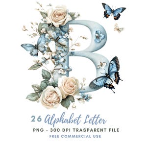 Floral Alphabet Buchstaben Clipart Bundle 26 hochwertige PNG, Aquarell Buchstaben Schmetterlinge, bedruckbare Aufkleber Goodnotes, digitaler Download| 676