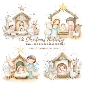 Paquete de 12 imágenes prediseñadas de la Natividad, PNG de alta calidad, Sagrada Familia de la Natividad en acuarela, Jesucristo, María y José, pegatinas imprimibles Goodnotes /607