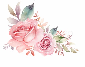 Pink Rose Garland Branch Clipart Bundle 10 High Quality PNG, Watercolor Border,Digital Download,Card Making,Digital Paper Craft| 190