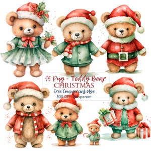 Clipart di orsacchiotto di Natale, bundle 15 PNG di alta qualità, clipart ad acquerello, download digitale, creazione di cartoline, supporti misti, artigianato in carta digitale/3
