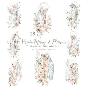 Clipart di fiori della Vergine Maria, pacchetto di 18 PNG di alta qualità, Vergine Maria e Gesù, adesivi stampabili Goodnotes, download digitale/773
