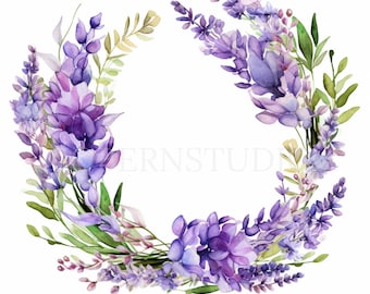 May include: Watercolor illustration of a lavender wreath. The wreath features purple lavender flowers, green leaves, and small pink buds arranged in a circular shape against a white background. The floral design is delicate and detailed.