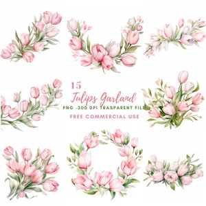 Tulips Flower Garland Clipart Bundle 15 High Quality PNG, Watercolor Floral Border, Digital Download,Card Making,Digital Paper Craft| 225
