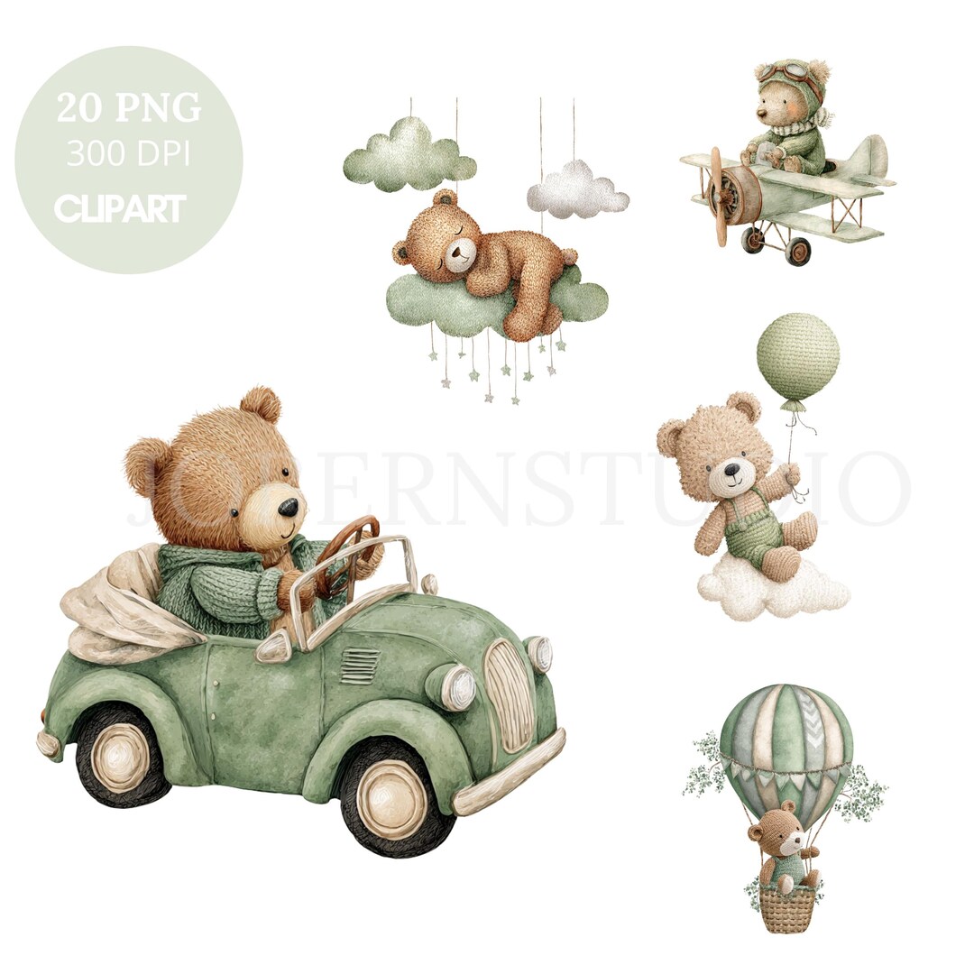 Green Teddy Bear Nursery Clipart PNG Bundle 20 High Quality| Watercolor ...