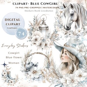 Aquarel cowgirl blauwe clipart, png, bundel 74 van hoge kwaliteit, vrouw blauwe western afdrukbare stickers Goodnotes| Digitale download| 734