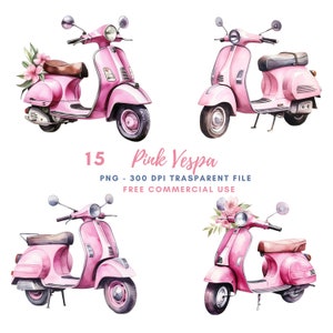 Pacchetto clipart Vespa rosa 15 PNG di alta qualità, acquerello moto Vespa, adesivo stampabile, download digitale, artigianato in carta digitale/ 431