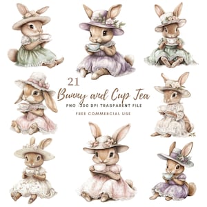 Bunny con tazza Clipart PNG Bundle 21 Alta qualità, acquerello coniglio tazza tè / Download digitale / Adesivi stampabili Goodnotes / 766