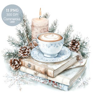 May include: A watercolor illustration of a cozy winter scene with a cup of coffee, a lit candle, and a stack of books. The scene is decorated with pine branches, pine cones, and a dusting of snow.