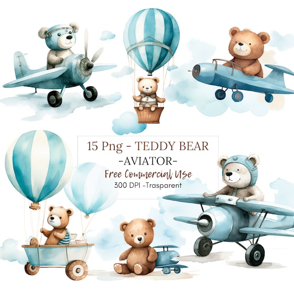 Aviator Teddy Bear Clipart,Bundle 15 High Quality PNG,Watercolor Clipart JPG,Digital Download,Card Making,Mixed Media,Digital Paper Craft|12