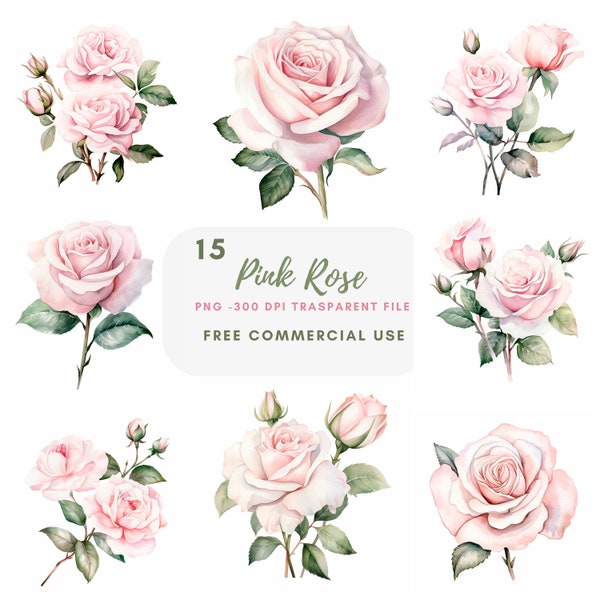 Pink Rose Branch Clipart Bundle 15 High Quality PNG, Watercolor Rose Flower ,Digital Download,Card Making,Digital Paper Craft| 323