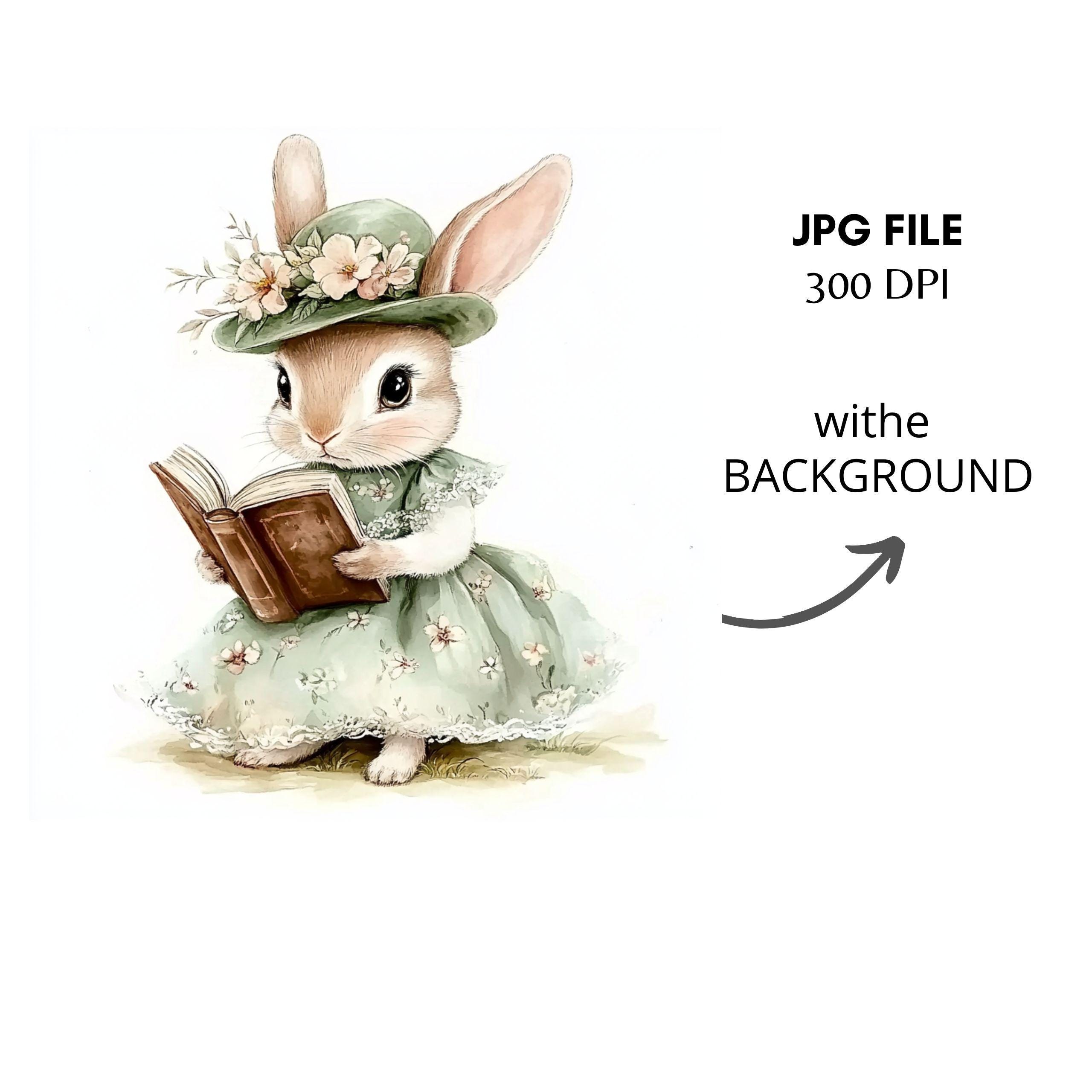 Printable Reader Rabbit Bunny With Book Clipart PNG Bundle 13 High Quality, Watercolor Rabbit ...