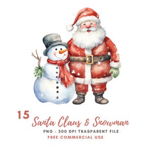 Clipart Noël père Noël et bonhomme de neige, lot de 15 PNG haute qualité, aquarelle hiver, autocollants imprimables Goodnotes, téléchargement numérique | 601