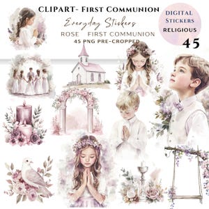 Clipart de rosa polvorienta de primera comunión (PNG)/Paquete de acuarela 45/ Niña y niño rezando con rosa/Descarga digital/Pegatinas imprimibles Goodnotes/786