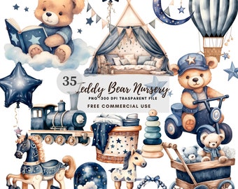 Könnte beinhalten: Ein Set mit 35 Aquarell-Illustrationen zum Thema Teddybär-Kinderzimmer. Die Illustrationen beinhalten einen Teddybär, der ein Motorrad fährt, ein Schaukelpferd, einen Zug, einen Heißluftballon, ein Zelt, einen Stern, einen Mond, ein Schaukelpferd, eine Schneekugel, einen Wagen, einen Korb und ein Stapelspielzeug.