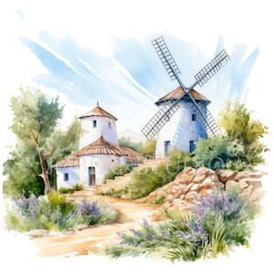 Moulins à vent Provence Clipart PNG, lot de 15 JPG haute qualité, téléchargement numérique, autocollants imprimables, fabrication de cartes, techniques mixtes, créations numériques en papier | 77