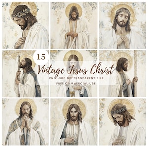 Jezus Christus clipartbundel 15 hoge kwaliteit png | Aquarel vintage Jezus bidt| Afdrukbare stickers Goodnotes | Digitale download | 793