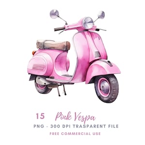 Pacchetto clipart Vespa rosa 15 PNG di alta qualità, acquerello moto Vespa, adesivo stampabile, download digitale, artigianato in carta digitale/ 431
