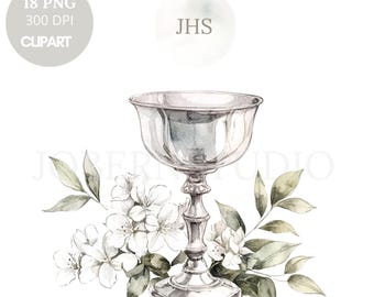 First Communion Clipart PNG,Bundle 18 High Quality,Watercolor Jesus Eucharist and Chalice,Printable Stickers Goodnotes, Digital Download|811
