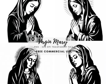Puede incluir: Cuatro ilustraciones en blanco y negro de la Virgen María rezando con las manos juntas. Las ilustraciones están en un estilo simple y estilizado.