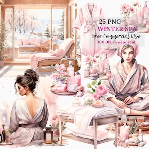 Cosy Winter Spa Clipart PNG, lot de 25 JPG haute qualité, téléchargement numérique, fabrication de cartes, techniques mixtes, créations numériques en papier, autocollants imprimables | 106