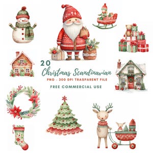 Clipart Noël père Noël, lot de 20 PNG haute qualité, aquarelle hiver scandinave, autocollants imprimables Goodnotes, téléchargement numérique | 580
