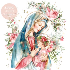 Clipart della Vergine Maria, Pacchetto 8 PNG di alta qualità, Acquerello Natale Maria e Gesù, Adesivi stampabili Goodnotes, Download digitale/ 470