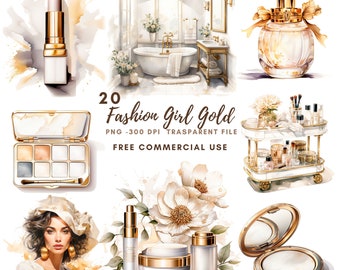 May include: A set of 20 gold-toned watercolor illustrations of beauty and fashion products. The illustrations include a lipstick, eyeshadow palette, perfume bottle, makeup brushes, skincare products, a compact mirror, and a woman wearing a hat. The illustrations are in a watercolor style and have a gold and white color scheme. The text "20 Fashion Girl Gold" is written in a gold font on a white background.