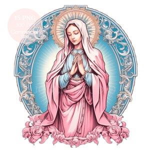 Clipart Vergine Maria rosa, bundle 15 PNG di alta qualità, clip art acquerello JPG, download digitale, creazione di cartoline, supporti misti, artigianato in carta digitale/16