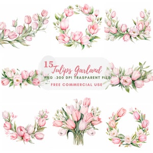 Pacchetto di clipart ghirlanda di fiori di tulipani 15 PNG di alta qualità, bordo floreale acquerello, download digitale, creazione di carte, artigianato in carta digitale/ 225